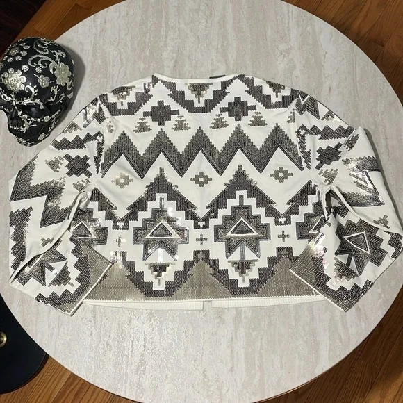 NWT Express Sequin Bronze Gold Ivory Stretch Open Drape Light Crop Blazer *S - Picture 5 of 6